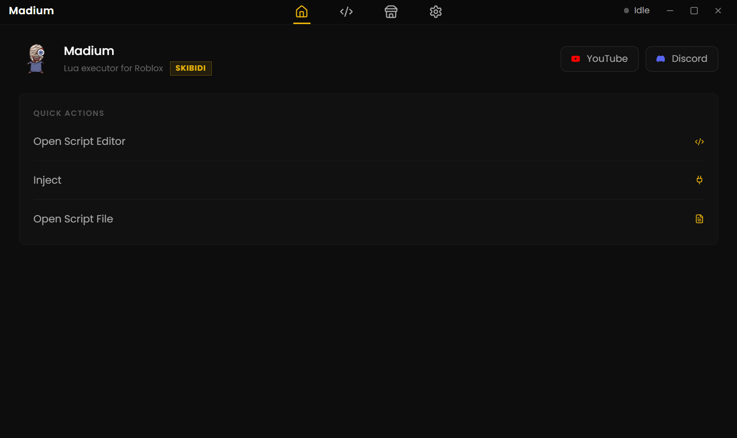 Madium Executor home screen showing quick actions panel