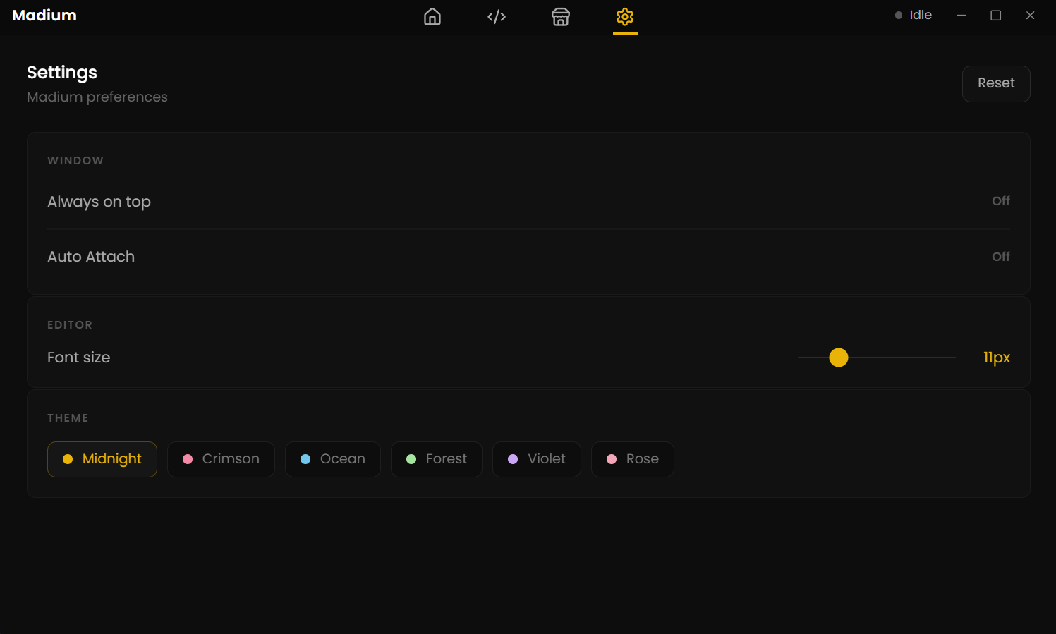 Madium Executor settings page showing Always on Top, Auto Attach, font size, and theme options including Midnight, Crimson, Ocean, Forest, Violet and Rose